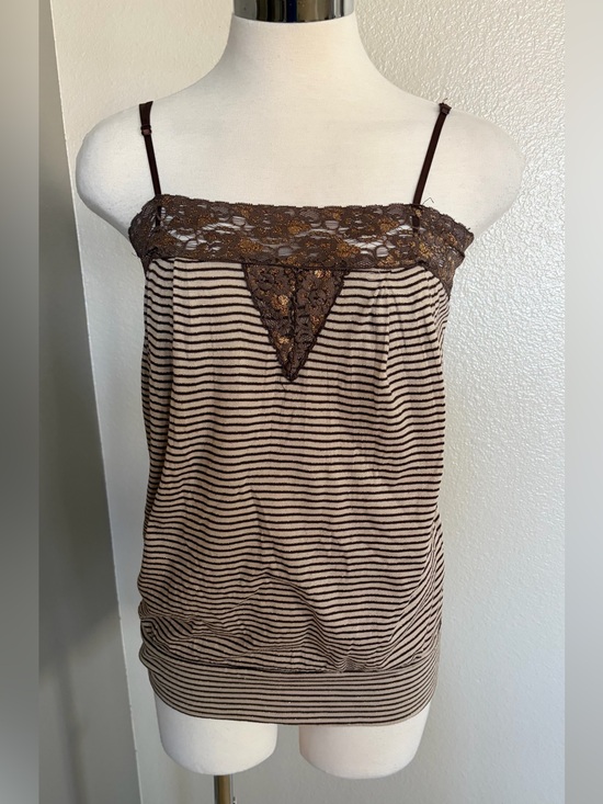 Papaya Tops - Vintage Papaya Brown and Cream Striped Lace-Trim Cami Top
